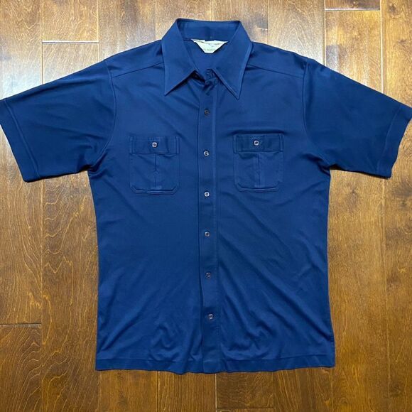 Unbranded Vintage 70s Casual Button Front Navy Polyester Shirt Men's Size Large - Picture 3 of 8